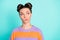 Photo of minded dreamy young lady look empty space wear striped sweater isolated on teal color background