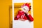 Photo of minded pensive guy in snapshot picture look empty space wear cock mask red tux isolated yellow color background