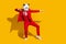 Photo of modern dancer panda guy dance move wear mask red tuxedo tie shoes isolated on yellow color background