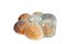 A photo of mold growing old bread with seeds isolated on white background. Food contamination, bad spoiled disgusting rotten wheat