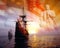 Photo montage: Christopher Columbus, American flag, sailing ships