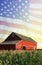 Photo montage: Red barn, corn field, and American eagle