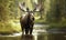 photo of moose standing in a forest river. Generative AI