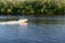 Photo of a motor boat floating on the river. Russia. Volga river in the vicinity of Cheboksary