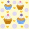 Photo of a multi colored cupcake background with heart polka dots.