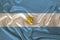 Photo of the national flag of Argentina on a luxurious texture of satin, silk with waves, folds and highlights, close-up, copy