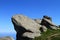 Photo of nature - lone big stone on a mountain summit on blue sky background.