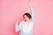 Photo of nice excited person closed eyes point fingers dancing partying isolated on pink color background
