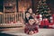 Photo of nice family mom dad daughter new born son show v-sign wear red sweater on christmas day in loft