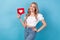 Photo of nice girl young age wear crop top blouse holding paper red heart symbol subscribe blogger heart isolated on