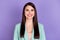 Photo of nice happy businesswoman smile good mood wear teal blazer isolated on purple color background