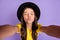 Photo of nice optimistic brunette hairdo girl do selfie blow kiss wear cap t-shirt isolated on vivid lilac color