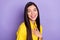 Photo of nice pretty young cute woman laugh good joke charming face isolated on purple color background
