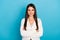 Photo of nice young boss lady crossed arms wear white sweater isolated on blue color background