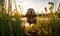 photo of nutria jumping in tall grass at sunset. Generative AI