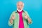 Photo of old cheerful cool happy granddad point finger you amazed good mood winner isolated on blue color background