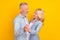 Photo of old cheerful positive people couple dance good mood enjoy harmony love isolated on yellow color background