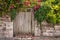 Photo of an old gate and a rock wall with red bougainvillea blooming above it