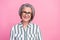 Photo of old pensioner business lady wear grey hair cheerful smiling wear striped shirt wear glasses enjoy her job