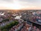 Photo of the old town of Gdansk architecture in sunset light. Aerial shot. Channel and buildings - top view