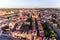 Photo of the old town of Gdansk architecture in sunset light. Aerial shot. Channel and buildings - top view