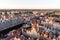 Photo of the old town of Gdansk architecture in sunset light. Aerial shot. Channel and buildings - top view