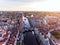 Photo of the old town of Gdansk architecture in sunset light. Aerial shot. Channel and buildings - top view