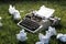 Photo of old typewriter on a green grass with a sheet of paper.