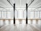 Photo of open space interior in modern loft. Empty white walls. Wood floor, black beams,big windows. Horizontal, blank