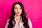 Photo of optimistic brunette nice lady finger face look empty space wear light jacket isolated on vibrant pink color
