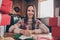 Photo of optimistic young lady write letter wear jumper christmas indoors at home