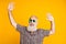 Photo of overjoyed dancing chilling old man clubber enjoying his retirement abroad while isolated with yellow background