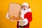 Photo of overweight santa claus hold tasty pizza impressed x-mas season shopping pizzeria discount on newyear event wear
