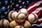 Photo of a patriotic display of baseballs in front of the American flag
