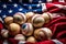 Photo of a patriotic display with a stack of baseballs on an American flag
