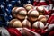 Photo of a patriotic display with a stack of baseballs on an American flag