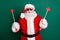 Photo of pensioner grandpa hold arrows heart shapes take from two lovers christmas cupid concept wear red santa x-mas