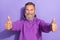 Photo of pensioner old aged man grandfather like his vacation showing thumbs up positive isolated on pastel purple color