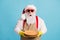 Photo of pensioner old man grey beard hold clean dishes shock see client dissatisfied wear santa x-mas costume apron