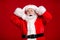 Photo of pensioner old man grey beard open mouth hands head shocked terrified late newyear party event wear santa