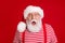 Photo of pensioner old man staring shock open mouth news evil spirit delayed christmas eve wear santa costume suspenders