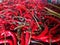 Photo of a pile of red chilies on the table
