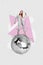 Photo placard collage of youngster careless girl hold microphone sing hobby discotheque disco ball isolated on grey