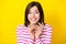 Photo portrait of adorable young girl toothy smiling cant wait tricky plan wear trendy striped outfit isolated on yellow