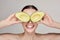 Photo portrait of attractive tender brown-haired nude lady with perfect pure shine skin beautiful smile and avocado glasses
