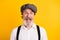 Photo portrait of bearded man amazed shocked wearing grey cap shirt staring opened mouth isolated on vibrant yellow