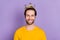 Photo portrait bearded man smiling wearing golden crown isolated on pastel violet color background