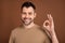 Photo portrait brunet man wearing pastel t-shirt showing okay gesture isolated brown color background