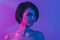 Photo portrait calm pretty girl calm peaceful wear bob hairstyle look copyspace isolated neon purple color background