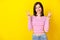 Photo portrait of cute young lady smiling show double v-sign empty space dressed stylish striped look isolated on yellow